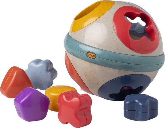 Tolo Bio rollende bal vormensorteerder met vormen in de kleuren oranje, rood, geel, groen, blauw en paars.