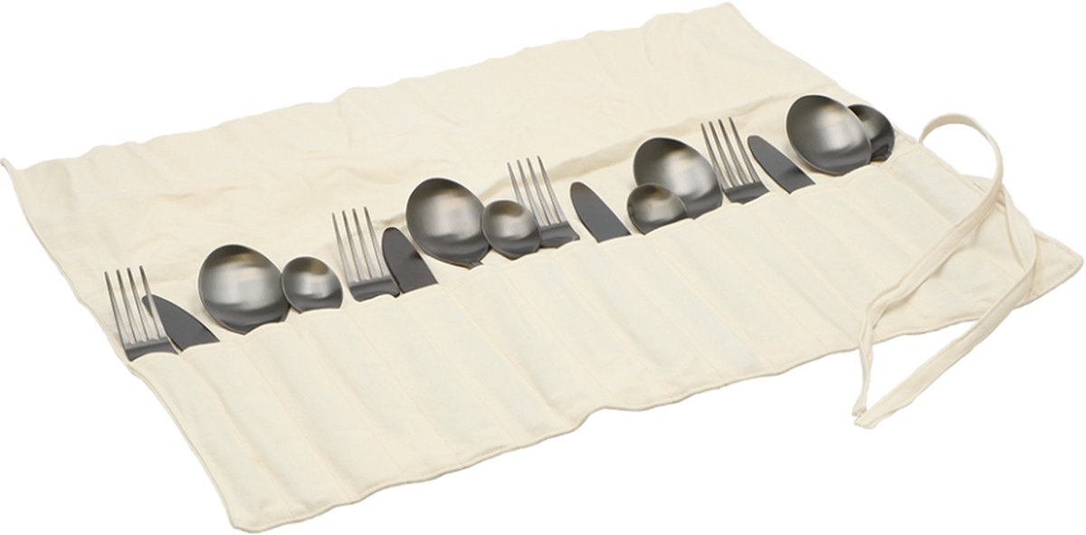 Travellife Altea Camping Bestekset stainless steel black 16-delig - Vaatwasmachinebestendig - Inclusief canvas opbergtas