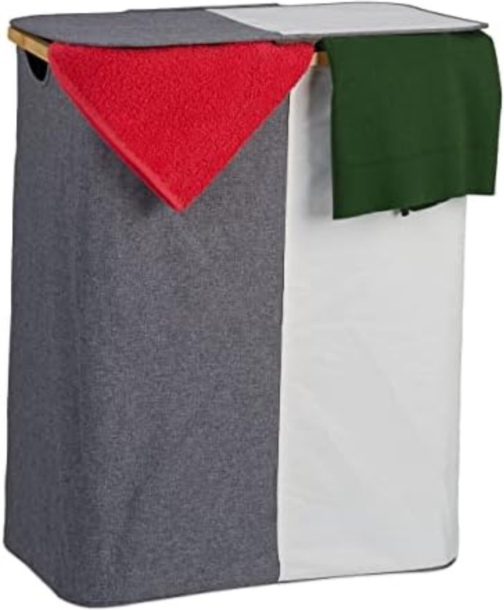 Goedkoopste Wasmand 2 vakken wassorteerder - Wasmand 2 vakken met deksel - Wasmand met deksel - Wasverdeler - 54L x 33,5W x 65,5H cm - Grijs-wit