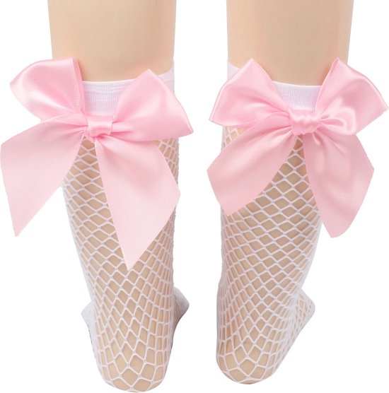 Fishnet Sokken met strikje - White/Pink