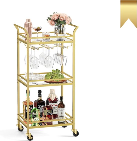Chariot à Boisson de Luxe - Chariot de bar - Chariot de service - Chargeable 90 kg - 3 couches - Roues rotatives à 360 ° - Design Elegant - Or