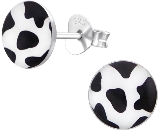Joie|S - Boucles d'oreilles rondes argentées - imprimé vache - 7 mm - noir et blanc