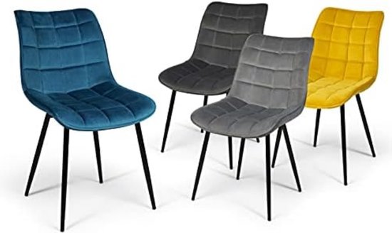 Set van 4 Mady fluwelen stoelen Mix Color blauw, lichtgrijs, donkergrijs, geel