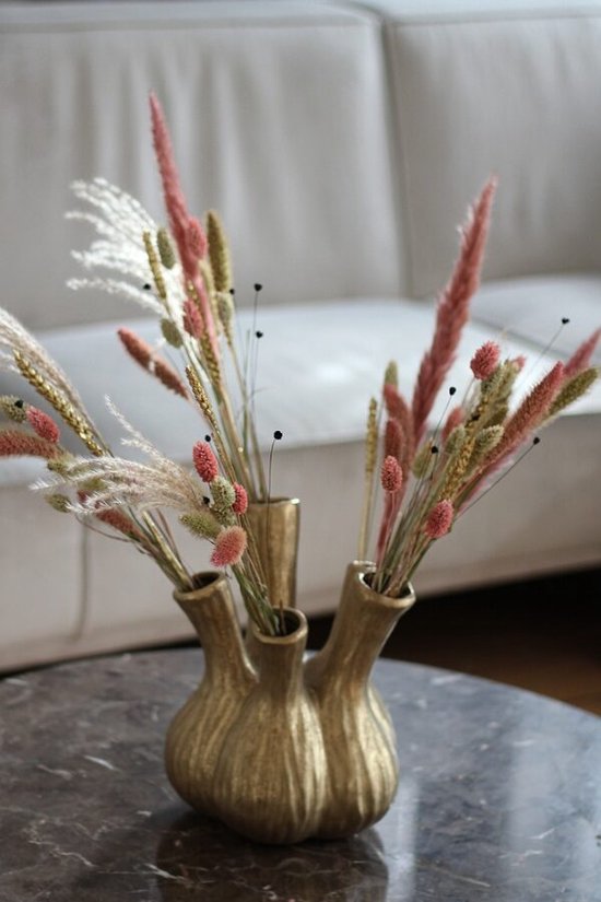 Tulpenvaas Goud met droogbloemen - Toetervaas - Roze - Beige - Groen - Maat M - 17 x 20 cm - La Florista