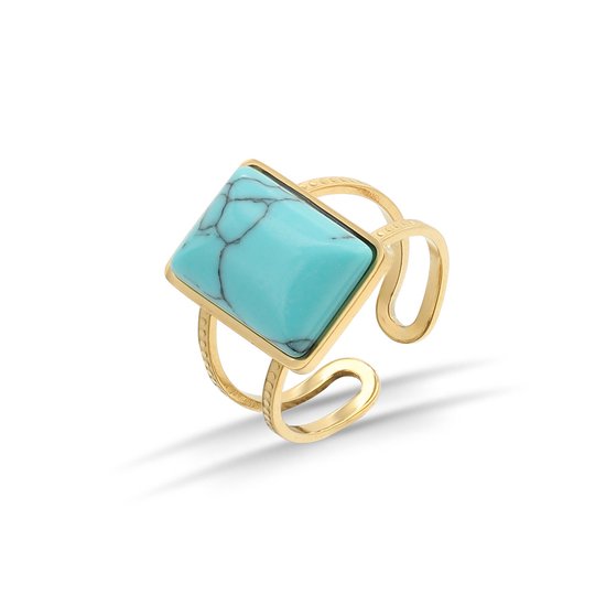 Ring – Rvs – Groene Turquoise - edelsteen - goudkleurig – Verstelbare – rechthoekige – Opengewerkte - Makkelijke voor mensen met moeilijke en artrose vingers