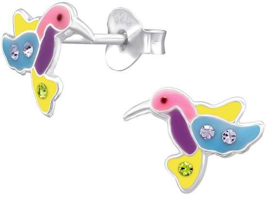 Joy|S - Zilveren vogel oorbellen - 8 mm - gekleurde kolibri - kinderoorbellen