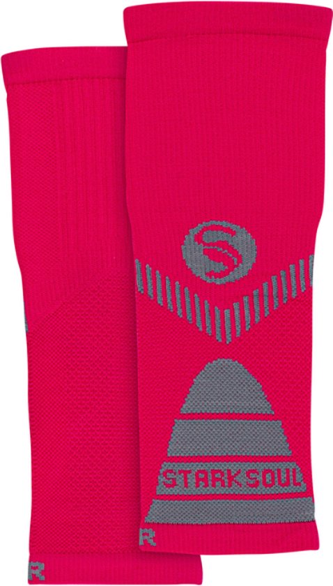 Felroze compressiekousen met grijze strepen en logo, maat R.