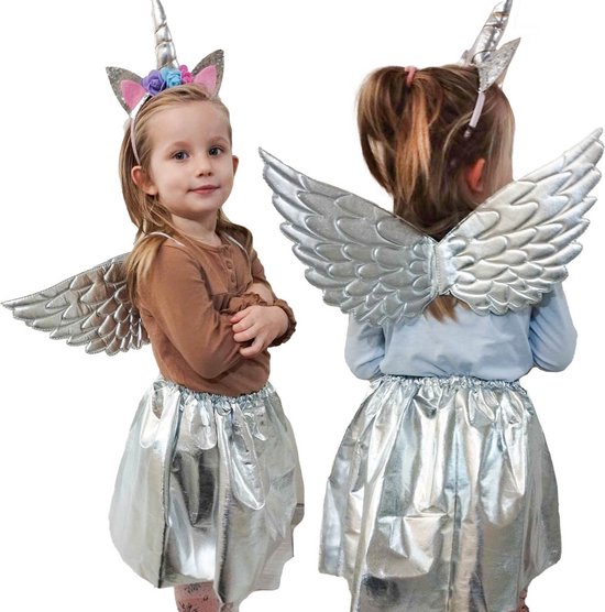 Playos® - Kostuum Eenhoorn - Zilver - met Vleugels en Haarband - 3 tot 6 jaar - Glitters - Kinderen - Verkleedkleding - Halloween - Carnaval