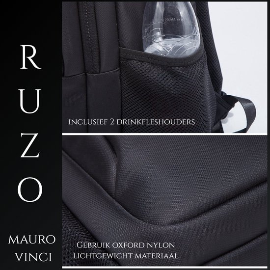 Zwarte rugzak met twee mesh drinkfleshouders aan de zijkant. Gemaakt van lichtgewicht Oxford nylon.