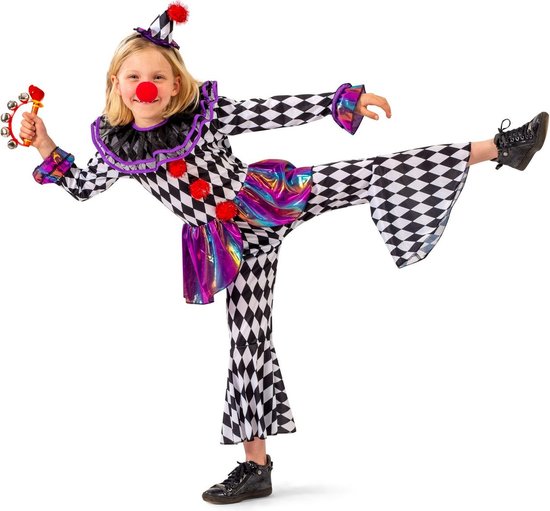 Funny Fashion - Clown & Nar Kostuum - Lollige Lola Clown - Meisje - Paars - Maat 116 - Carnavalskleding - Verkleedkleding