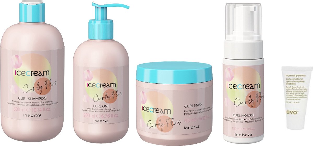 Inebrya - Ice Cream Curl Shampoo 300ML + Curl One 200ML + Curl Mask 500ML + Curl Mousse 150ML + WILLEKEURIG Travel Size