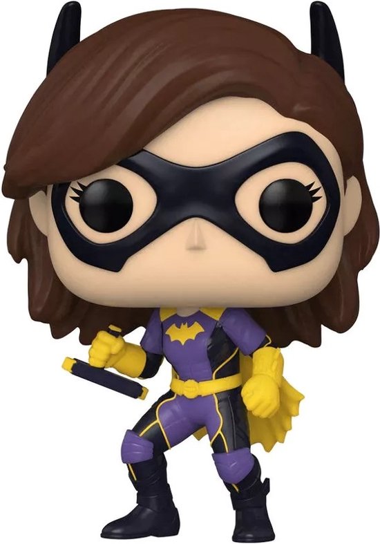 Batgirl Funko Pop figuur in paars, geel en zwart met masker en vleermuisoren.