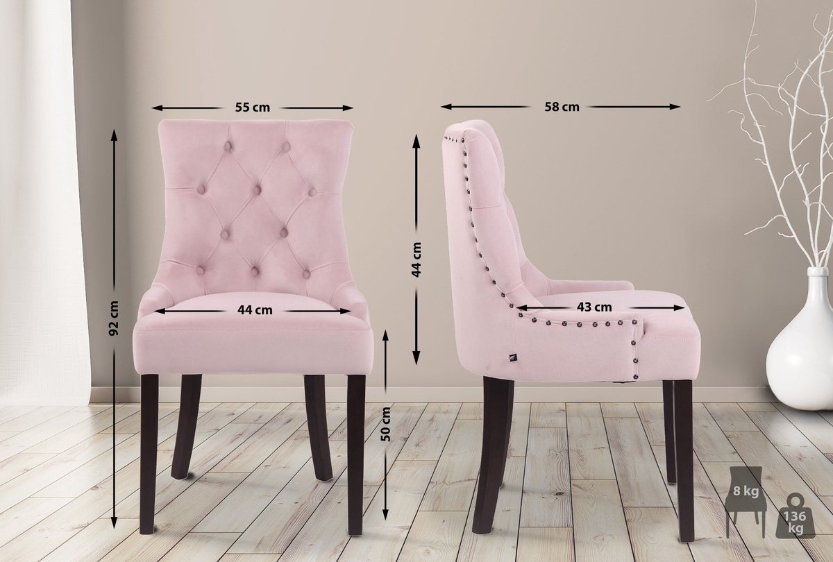 CLP Aberdeen Set van 4 eetkamerstoelen - Zonder armleuning - Hout - Fluweel - roze antiek