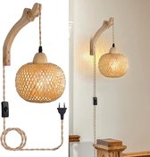 Wandlamp Houten - Lantaarn Wandlamp - Retro Bamboe Lantaarn - Creatieve Henneptouw Rieten Wandlamp Met Stekker En Schakelaar - Muurlamp van Hout