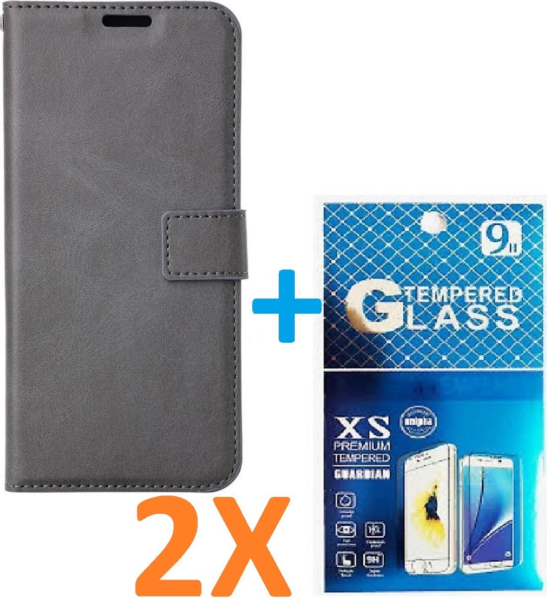 Portemonnee Book Case Hoesje + 2x Screenprotector Glas Geschikt voor: iPhone 15 Pro - Grijs