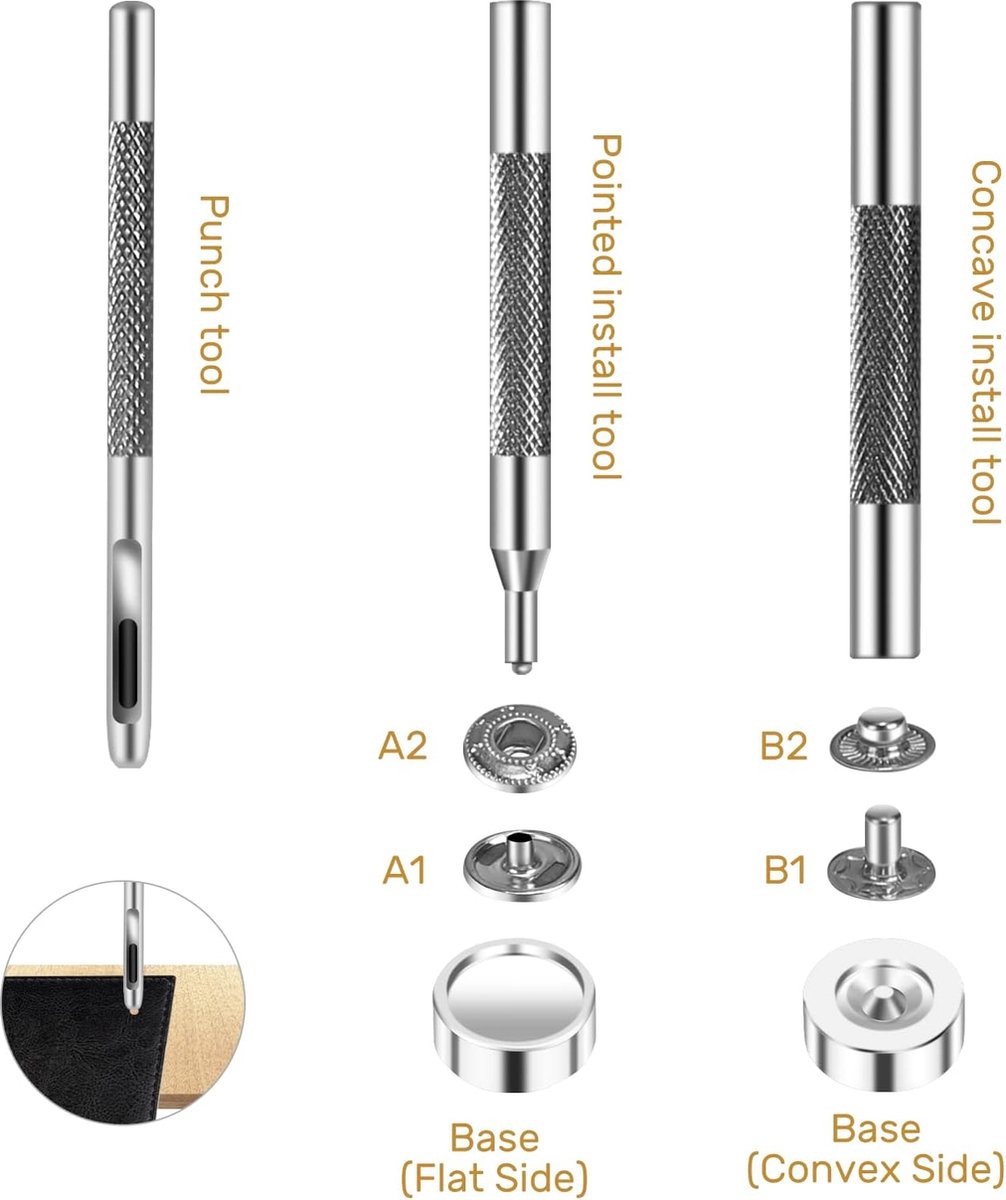 Set de 120 boutons pression, bouton pression pour cuir boutons métal 12,5 mm, bouton... bol