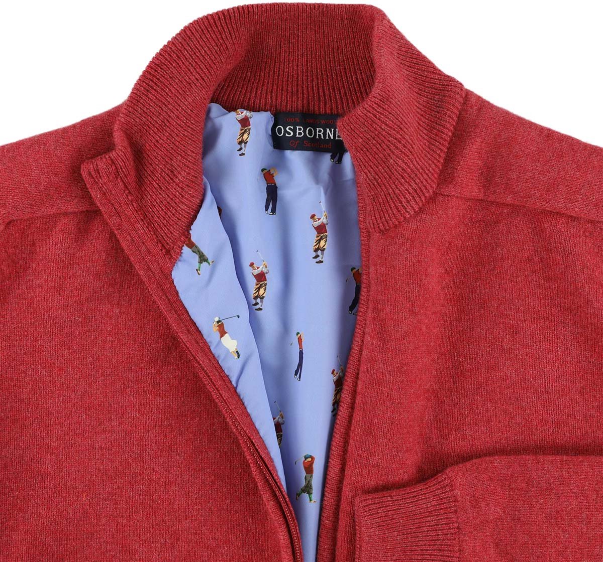 Osborne Knitwear Windstopper cardigan met rits heren – Trui met rits heren in Lamswol - Pullover Heren - Rouge - Voering met golfprint - 2XL