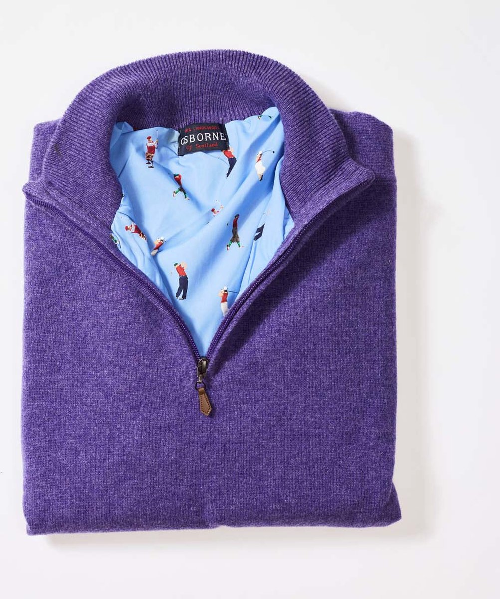 Osborne Knitwear Windstopper trui met halve rits heren - Sweater heren in Lamswol - Pullover Heren - Heliotrope - Voering met golfprint - XL