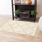 Klein tapijt 60 x 90 cm, boho beige getuft katoenen tapijt met geweven kwastjes, wasbaar tapijt voor badkamer, keuken, woonkamer, slaapkamer, hal, eetkamer