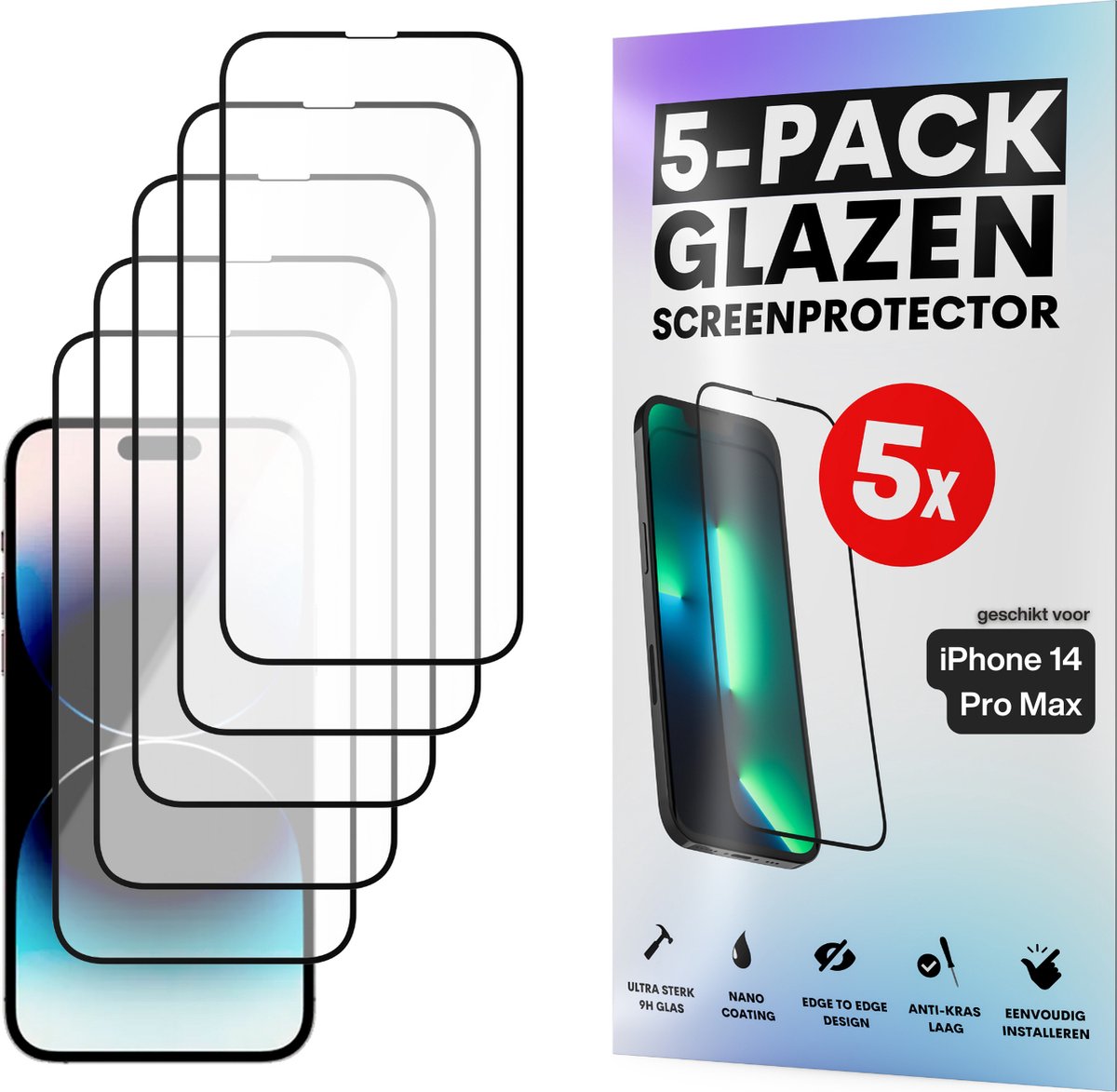 Screenprotector - Geschikt voor iPhone 14 Pro Max - Gehard Glas - Full Cover Tempered Glass - Case Friendly - 5 Pack
