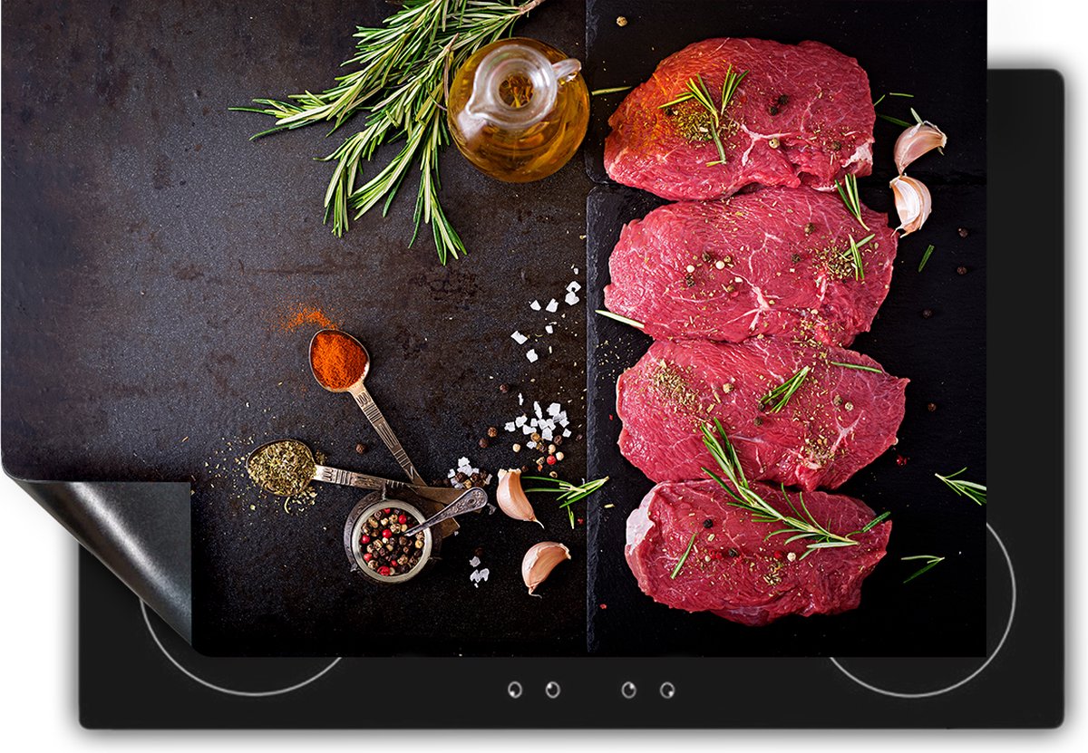 Chefcare Inductie Beschermer Vlees met Kruiden op een Marmeren Plaat - 60x50 cm - Afdekplaat Inductie - Kookplaat Beschermer - Inductie Mat