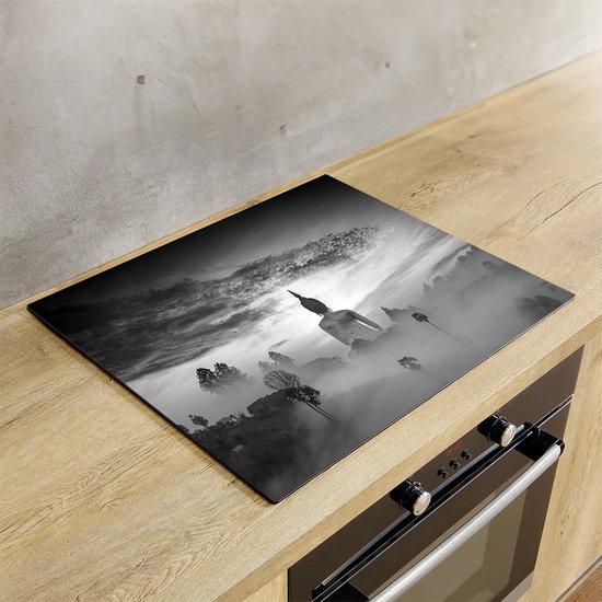 Chefcare Inductie Beschermer Boeddha Beeld in de Mist - Zwart Wit - 65x52 cm - Afdekplaat Inductie - Kookplaat Beschermer - Inductie Mat