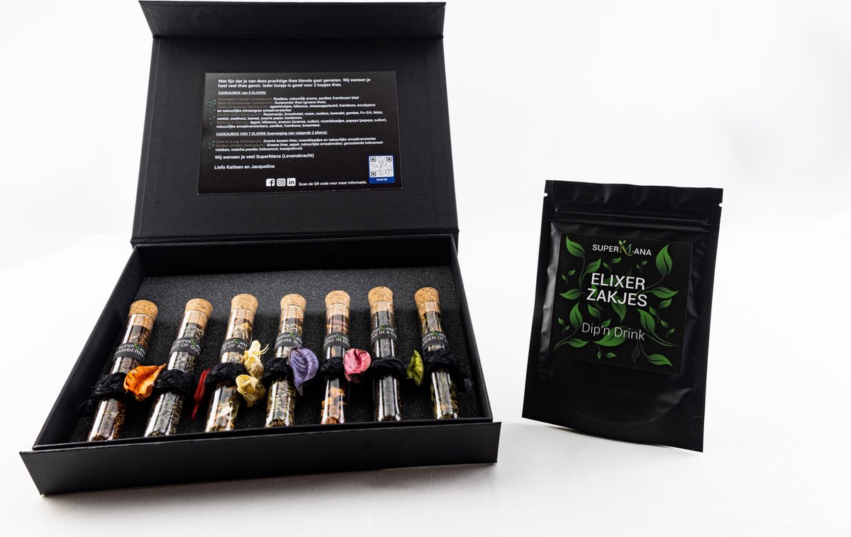 SuperMana Cadeaubox Happiness 7 Elixirs, thee, cadeau, thee kado, giftbox, high tea, thee proeverij, tea tasting, geschenkverpakking, valentijn