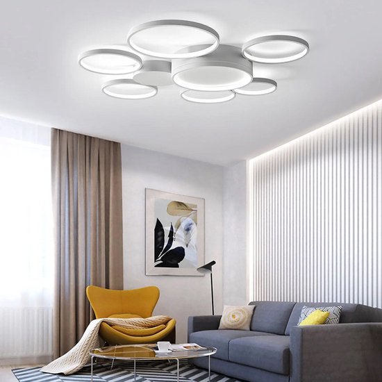 LuxiLamps - 7 Ringen Plafondlamp Wit - Met Afstandsbediening - Dimbaar - Woonkamerlamp - Moderne lamp - Plafonniere