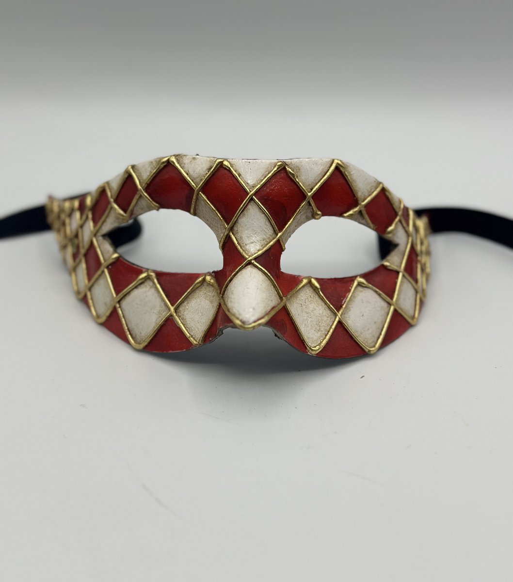 Venetiaans masker handgemaakt - Arlecchino masker rood/wit/goud - Carnavals masker - gala masker rood wit goud