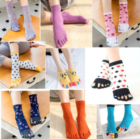 Teen dames sokken - 3 paar - toesocks / 5 tenen - leuke print smile met ogen - happy - paars - geel - roze - 35 - 38 - cadeau - voor haar