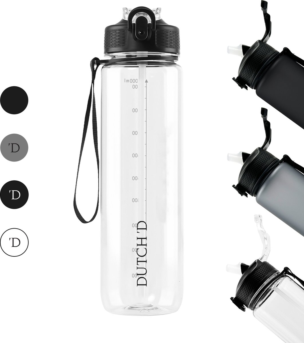 Dutch'D ® - 1 Liter - Waterfles - Drinkfles met rietje - Transparant -  Tritan - BPA... | bol
