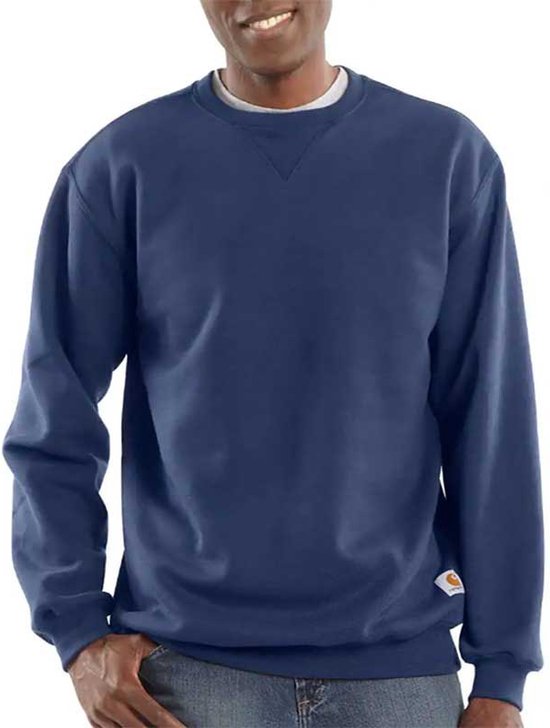 Donkerblauwe Carhartt sweatshirt met ronde hals, lange mouwen en een klein Carhartt-label op de zoom.