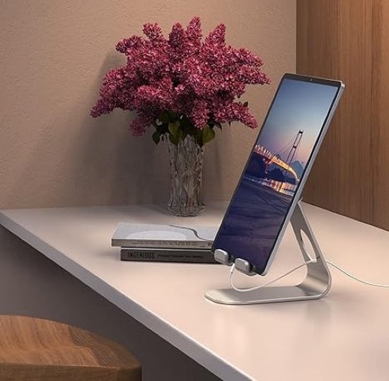 Foto: Tabletstandaard verstelbare tablethouder desktopstandaard dock compatibel met new ipad 2022 pro 10 2 10 5 9 7 12 9 air mini 6 5 4 3 2 nintendo switch samsung tab tablets zilver