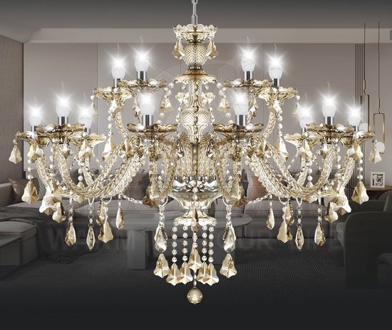 LuxiLamps - Lustre en Crystal - Lustre en cristal à 15 bras - Cognac - Lampe suspendue - Lampe de salon - Lampe moderne - Plafonnier