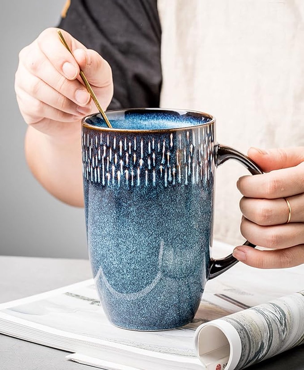 SHOP YOLO-mok koffiemok-keramische grote capaciteit mok met handvat-blauwe -600 ml- Valentijn cadeautjes