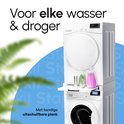 Witte stapelkit voor wasmachine en droger, met uitschuifbare plank, flessen wasmiddel en de tekst 'Met handige uitschuifbare plank'.