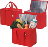 3-pack geïsoleerde herbruikbare koeler-boodschappentassen Grote, robuuste handgrepen Dubbele ritsen Deksel Rechtop Opvouwbaar Duurzaam (rood, 3-pack)