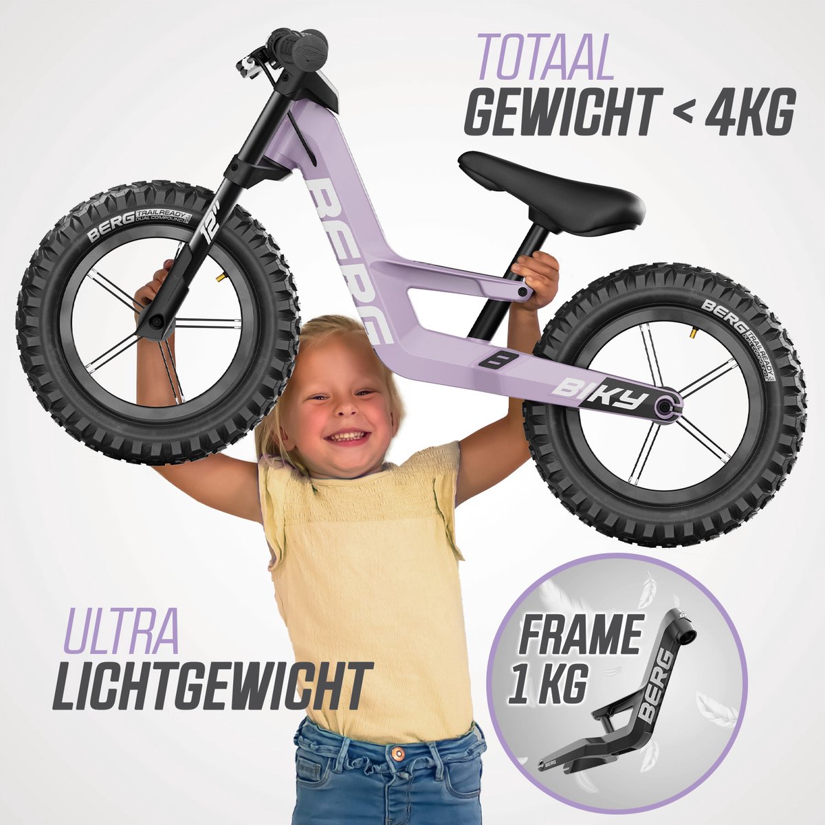 BERG Biky Cross Purple Loopfiets - 12 inch - Lichtgewicht Magnesium frame - Met Handrem - Verstelbaar Zadel - 2,5+ Jaar - Paars — afbeelding 9
