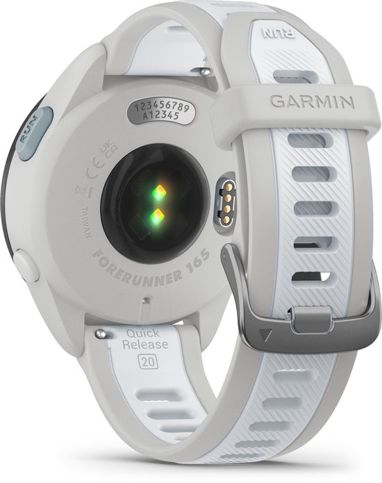 Achterkant Garmin Forerunner 165 smartwatch met wit bandje, hartslagmeter en serienummer.