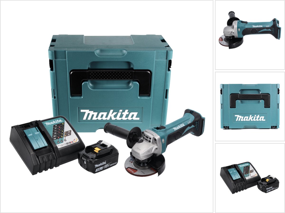 Makita DGA 452 RF1J accu haakse slijper 18 V 115 mm + 1x accu 3,0 Ah + oplader + Makpac