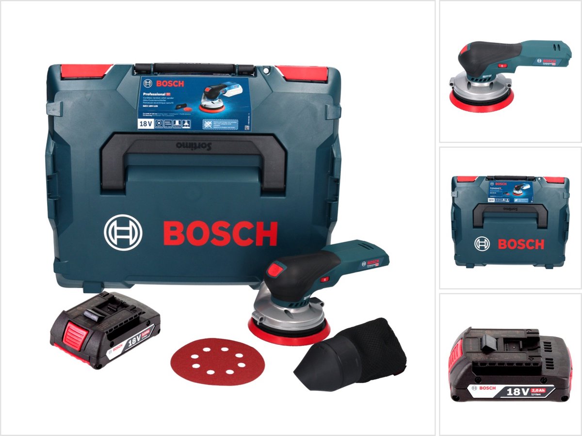 Bosch GEX 18V-125 Professional accu-excentrische schuurmachine 18 V 125 mm borstelloos + 1x accu 2,0 Ah + L-BOXX - zonder oplader