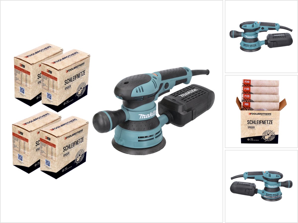 Makita BO 5041 excentrische schuurmachine / slijpmachine 300 W 125 mm + 4x Toolbrothers SPIDER netwerkslijpmiddelen set