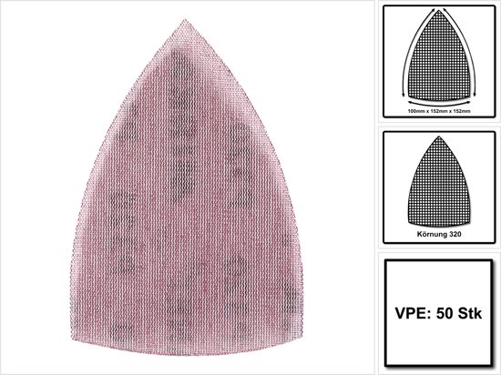 Tamis abrasif rose, avec des schémas des dimensions et "Körnung 320" et "VPE: 50 Stk".