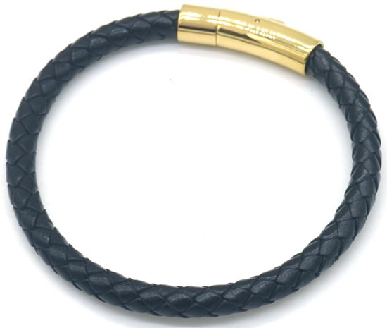 Armband Heren - Gevlochten Leer - RVS Sluiting - 21 cm - Zwart en Goudkleurig