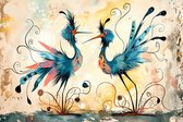 JJ-Art (Glas) 60x40 | Sierlijke pauwen, abstract, modern surrealisme, kunst | dier, vogel, blauw, bruin, rood, modern | Foto-schilderij-glasschilderij-acrylglas-acrylaat-wanddecoratie
