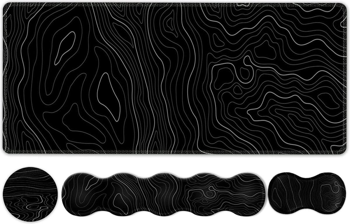 Muismattenset, grote gaming-muismat + toetsenbordpolssteun + muismat met polssteun + onderzetter, 90 x 40 cm muismat, bureaumat voor thuiskantoor, topografisch zwart