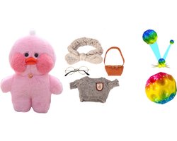 Lalafanfan Duck - Paperduck - Cafe Mimi - Paperduck Kleur Roze inclusief accessoires - bril - tasje - truitje - Hoofdband - Premium Quality - Inclusief Moon Ball fidget 2024 nieuw Nasa Moon ball met led verlichting