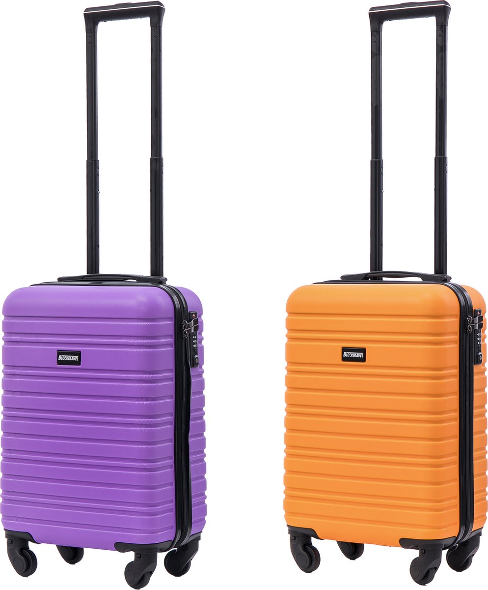 BlockTravel kofferset 2 delig ABS handbagage met wielen afneembaar 29 liter - inbouw TSA slot - paars - oranje
