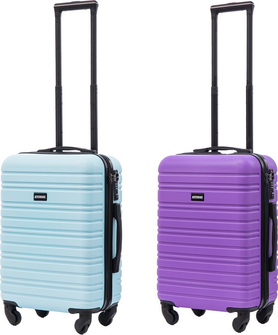 BlockTravel kofferset 2 delig ABS handbagage met wielen afneembaar 39 liter - inbouw TSA slot - licht blauw - paars