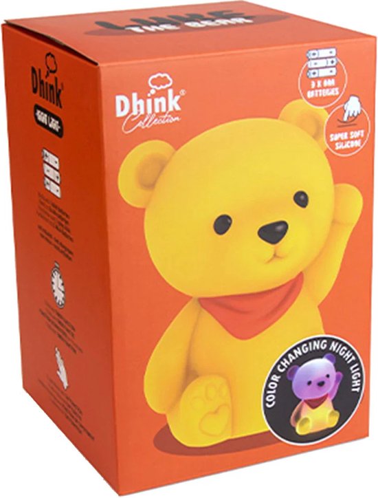 Emballage d'une veilleuse ours en peluche jaune avec bandana orange. 'Color changing night light'.
